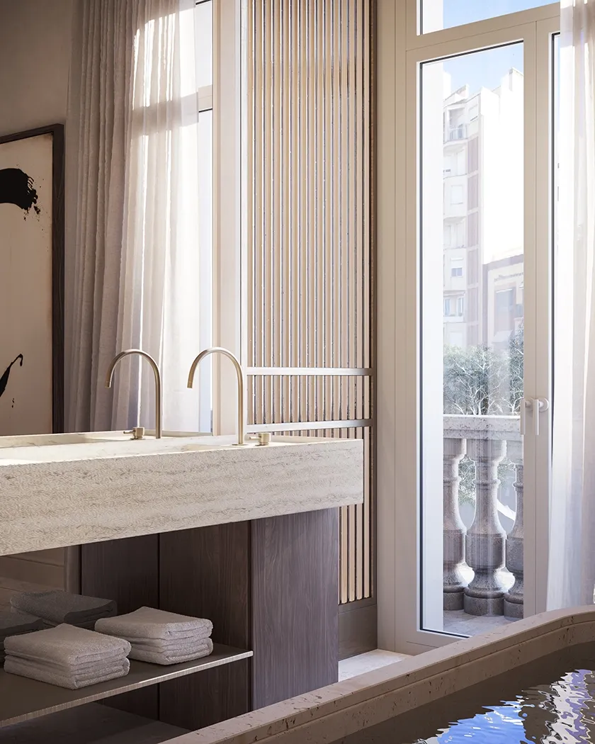 Bathroom enveloped in noble materials and soft light.